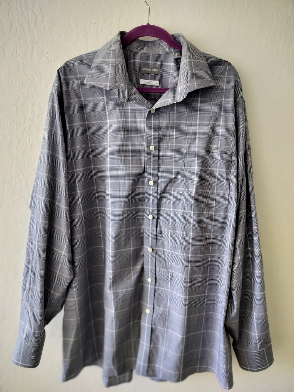 Michael Kors Men's Dress Shirt Tall Fit 18.5 36/37 Gray Plaid Non-Iron Stretch